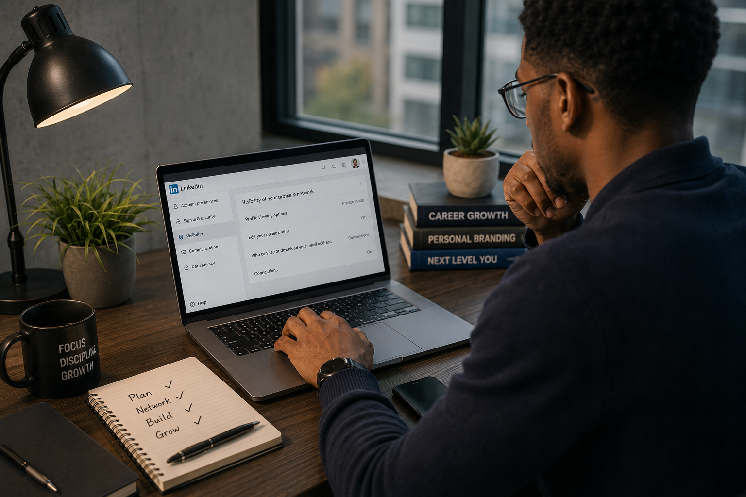 African American student looking at linkedin on computer
